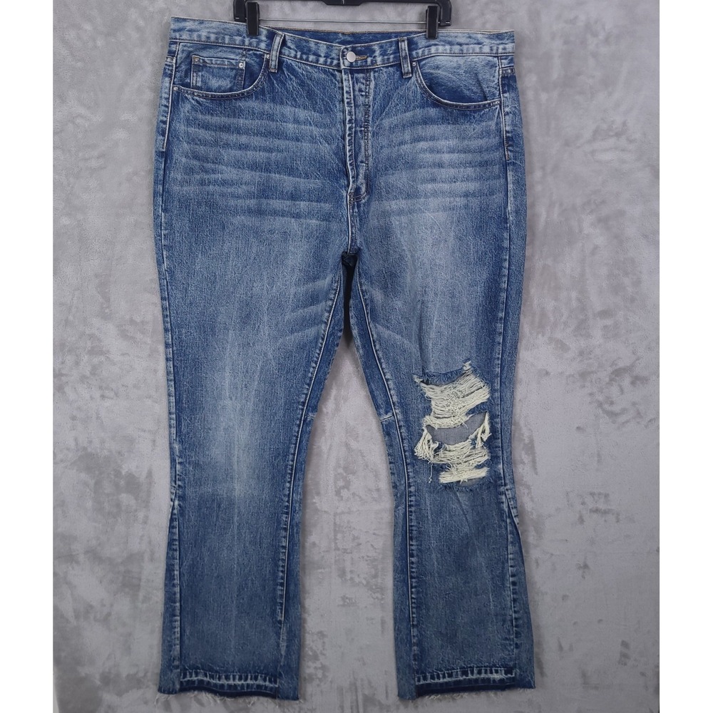 MNML Distressed Jeans Mens 42x36 Relaxed Fit Raw Hem Shredded Knee Streetwear